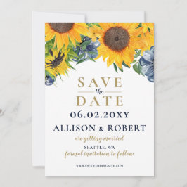 Waterverf marineblauw zonnebloem Rustic Wedding Save The Date