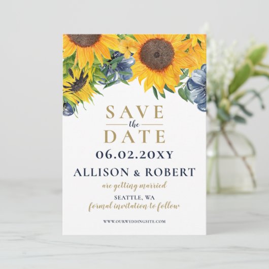 Waterverf marineblauw zonnebloem Rustic Wedding Save The Date (Staand voorkant)