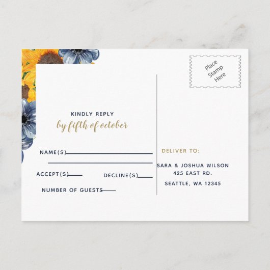 Waterverf marineblauw zonnebloem Rustic Wedding Uitnodiging Briefkaart (Achterkant)