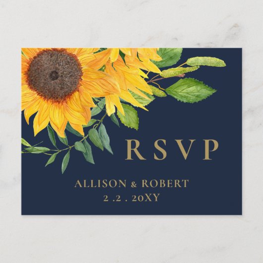 Waterverf marineblauw zonnebloem Rustic Wedding Uitnodiging Briefkaart (Voorkant)