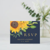 Waterverf marineblauw zonnebloem Rustic Wedding Uitnodiging Briefkaart (Staand voorkant)