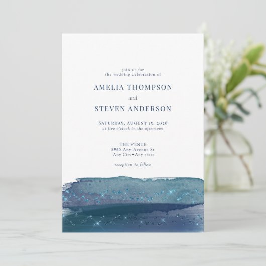 Waterverf | Marineblauwe bruiloft Kaart (Staand voorkant)