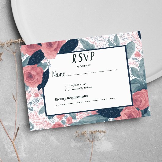 Waterverf marineblauwe mauve roze floral RSVP Kaart