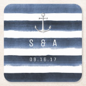 Waterverf marinestrepen monogram strand bruiloft kartonnen onderzetters (Voorkant)