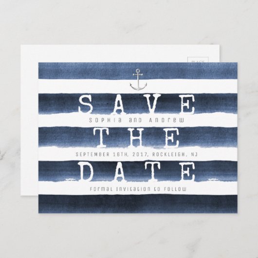 Waterverf marinestrepen nautisch opslaan de datum aankondigingskaart (Voorkant / Achterkant)