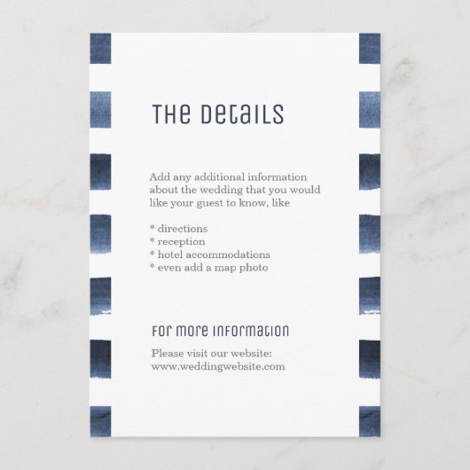 Waterverf marinestrepen nautische bruiloft detail informatiekaartje (Voorkant)