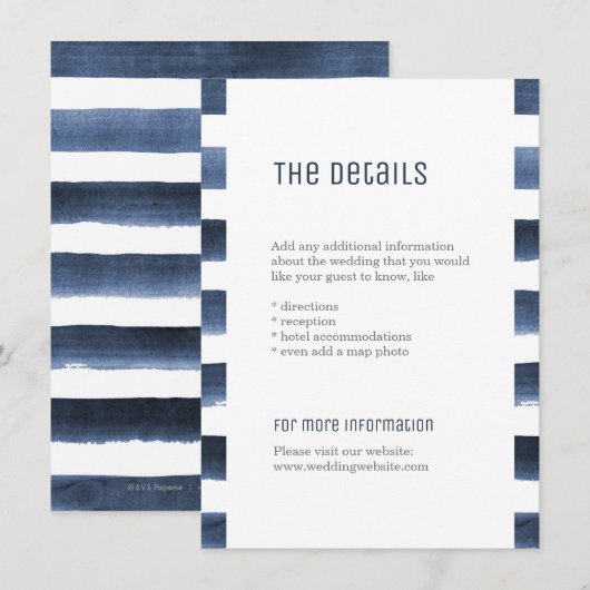 Waterverf marinestrepen nautische bruiloft detail informatiekaartje (Voorkant / Achterkant)