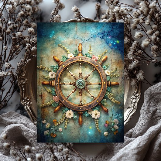 Waterverf maritiem bloemenschip roer tissuepapier