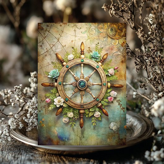 Waterverf maritiem bloemenschip roer tissuepapier