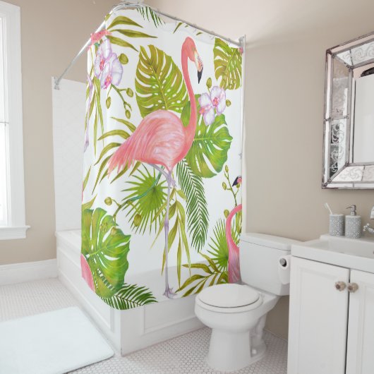 Waterverf markeringsillustratie van roze flamingo  douchegordijn (In situ)