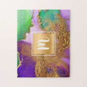 Waterverf marmer monogram goud paars groene aqua legpuzzel (Verticaal)