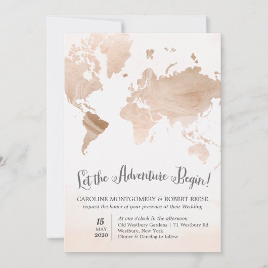Waterverf Marmeren Kaart Reizen Huwelijksuitnodigi (Voorkant)