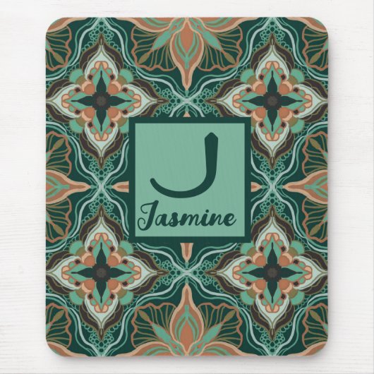 Waterverf Marokkaanse Blauwgroen Floral - Aangepas Muismat (Voorkant)