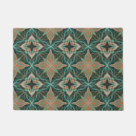 Waterverf Marokkaanse Blauwgroen Floral Tegel Deurmat (Voorkant)