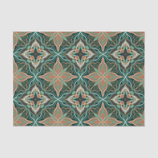 Waterverf Marokkaanse Blauwgroen Floral Tegel Tissuepapier (Voorkant)