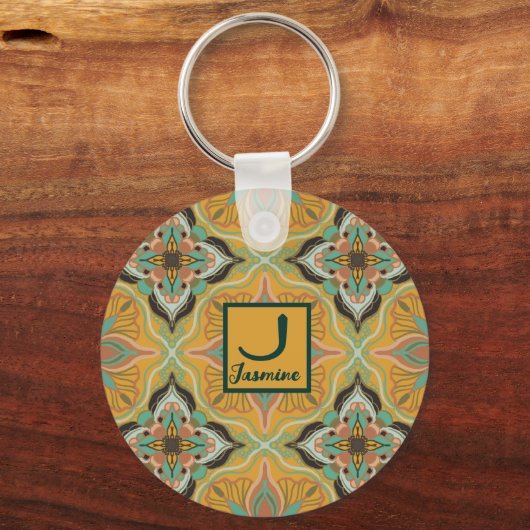 Waterverf Marokkaanse Gele Bloemen Sleutelhanger (Voorkant)