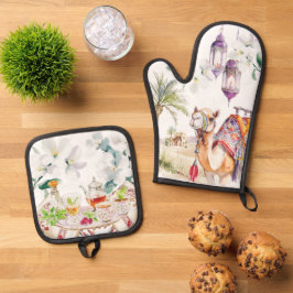 Waterverf Marokkaanse Keuken Kunstzinnigheid Ovenwant & Pannenlap Set