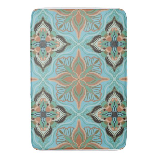 Waterverf Marokkaanse Tegel Blauwe Floral Badmat (Voorkant Verticaal)