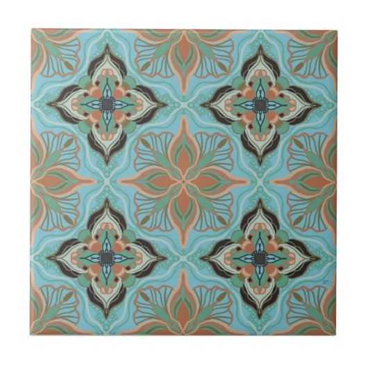 Waterverf Marokkaanse Tegel Blauwe Floral Tegeltje (Voorkant)