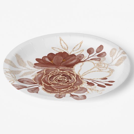 Waterverf Maroon Gouden Bloemen Papieren Bordje (Gekanteld)