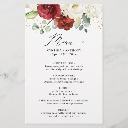 Waterverf Maroon Red White Floral Wedding Menu (Voorkant)