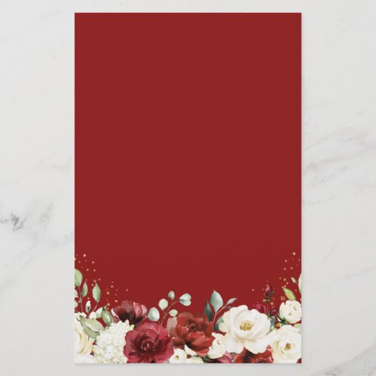 Waterverf Maroon Red White Floral Wedding Menu (Achterkant)