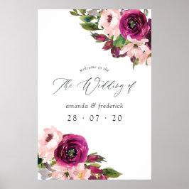 Waterverf Marsala & Blush Bloemen Bruiloft Welkom Poster