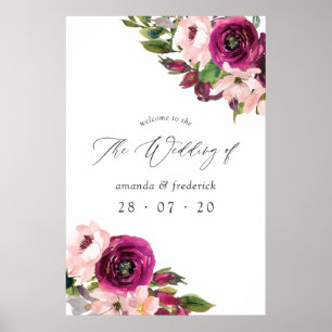 Waterverf Marsala & Blush Bloemen Bruiloft Welkom Poster