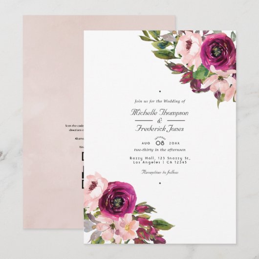 Waterverf Marsala & Blush Floral QR Code Weddensch Kaart (Voorkant / Achterkant)