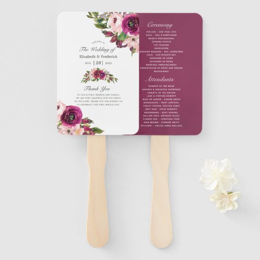 Waterverf Marsala & Blush Floral Wedding Programme Handwaaier (Voorkant en achterkant)