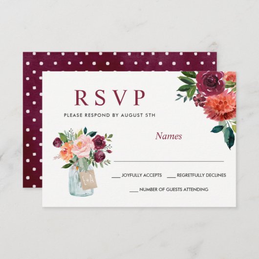 Waterverf Marsala Burgundy Mason Jar Floral RSVP (Voorkant / Achterkant)