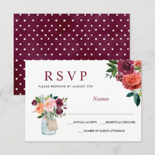 Waterverf Marsala Burgundy Mason Jar Floral RSVP Kaartje