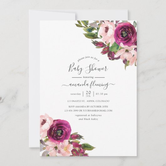 Waterverf Marsala en Blush Bloemen Baby shower Kaart (Voorkant)