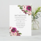 Waterverf Marsala en Blush Bloemen Bat Mitzvah Kaart (Staand voorkant)