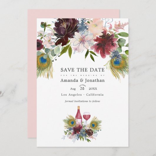 Waterverf Marsala en Blush Bloemen Bruiloft Bewaar Save The Date (Voorkant / Achterkant)