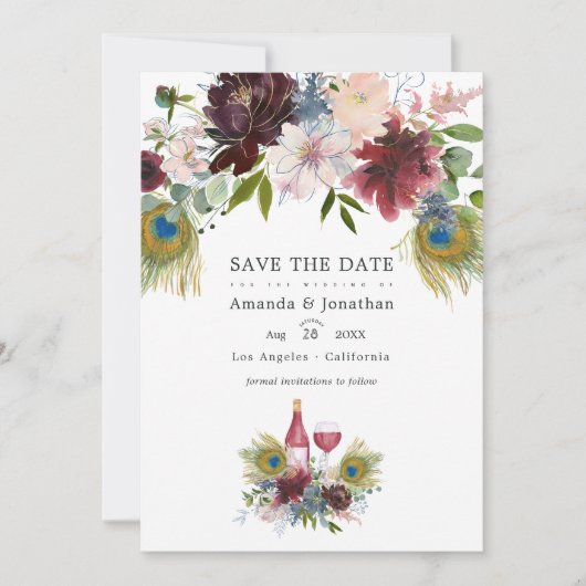 Waterverf Marsala en Blush Bloemen Bruiloft Save T Save The Date (Voorkant)