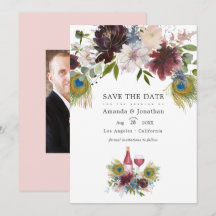 Waterverf Marsala en Blush Bloemen Bruiloft Save T