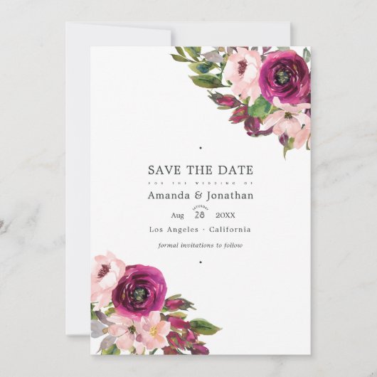 Waterverf Marsala en Blush Bloemen Bruiloft Save The Date (Voorkant)
