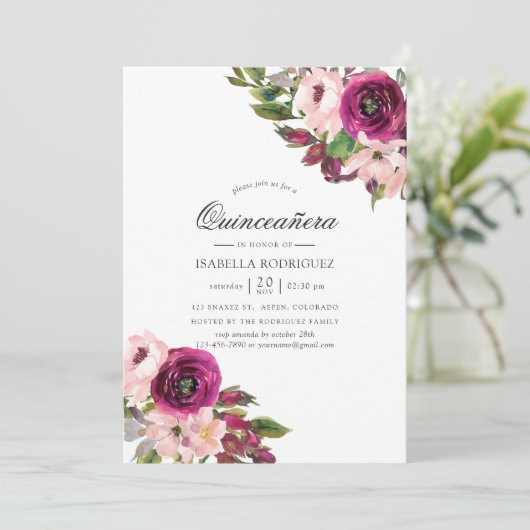 Waterverf Marsala en Blush Floral Quinceañera Kaart (Staand voorkant)