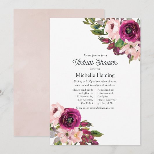 Waterverf Marsala en Blush Floral Virtual Shower Kaart (Voorkant / Achterkant)