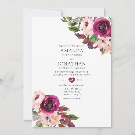 Waterverf Marsala en Blush Floral Wedding Kaart (Voorkant)