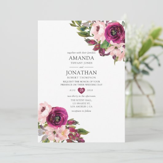 Waterverf Marsala en Blush Floral Wedding Kaart (Staand voorkant)