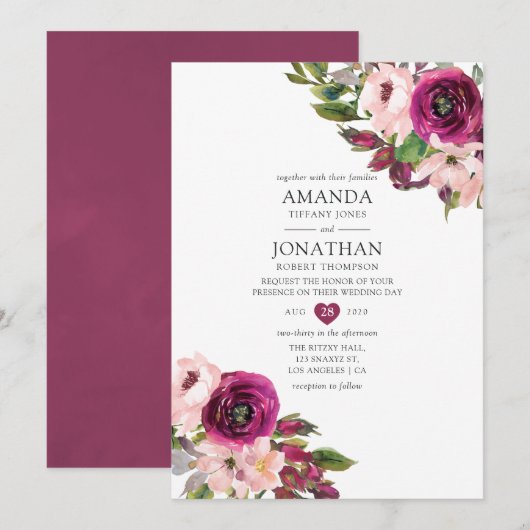 Waterverf Marsala en Blush Floral Wedding Kaart (Voorkant / Achterkant)