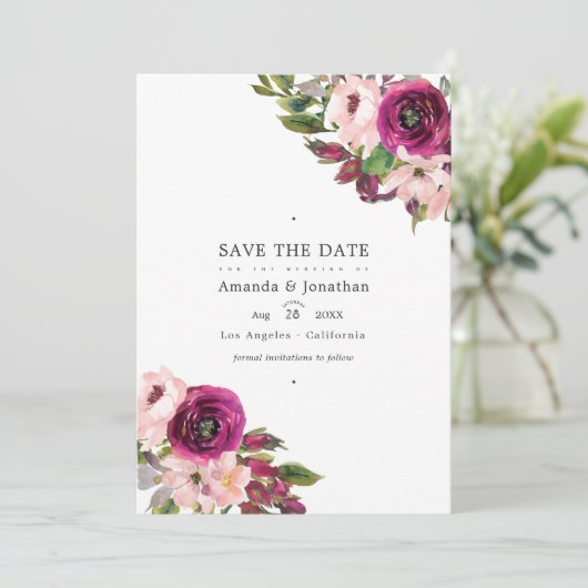 Waterverf Marsala en Blush Floral Wedding Save The Date (Staand voorkant)