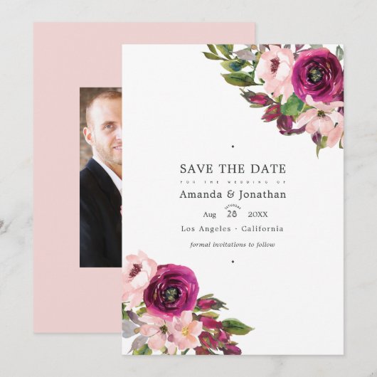 Waterverf Marsala en Blush Floral Wedding Save The Date (Voorkant / Achterkant)