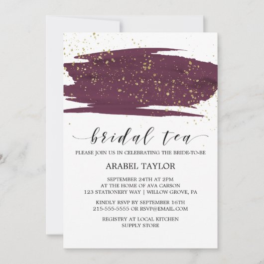 Waterverf Marsala en Gold Sparkle Bridal Tea Kaart (Voorkant)