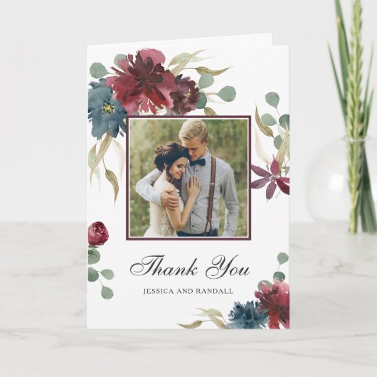 Waterverf Marsala en Navy Floral Foto Dank u Bedankkaart (Voorkant)