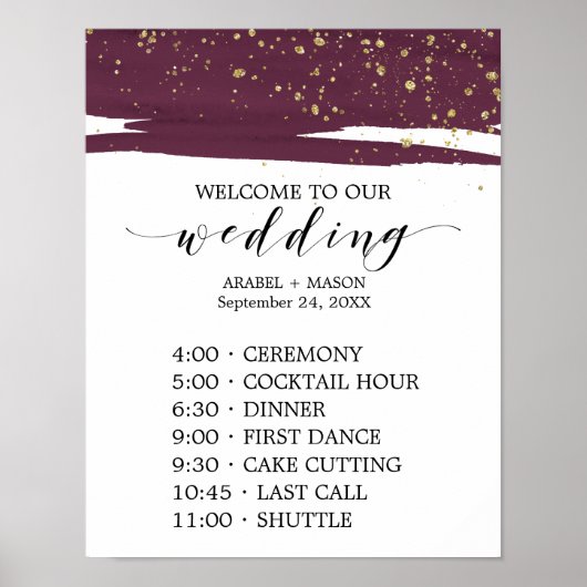 Waterverf Marsala & Gold Sparkle Order of Events Poster (Voorkant)
