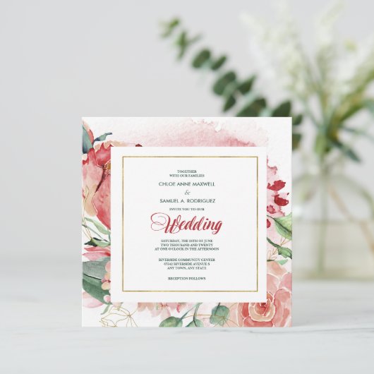 Waterverf Marsala Red Floral Weddenschap Kaart (Staand voorkant)