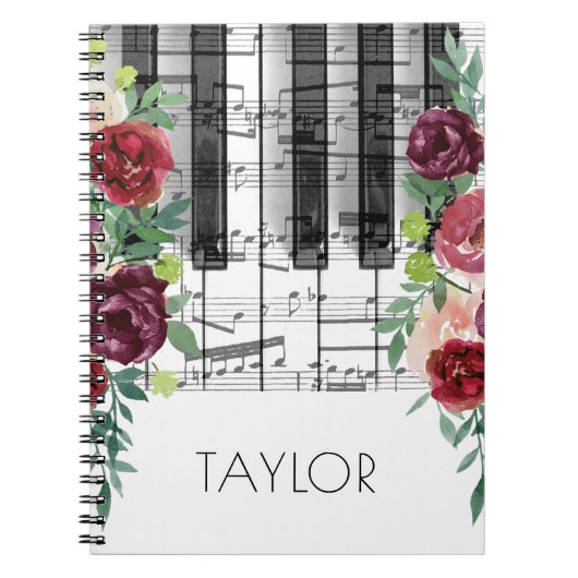 waterverf Marsala Red Flowers Muziek Piano Notitieboek (Voorkant)